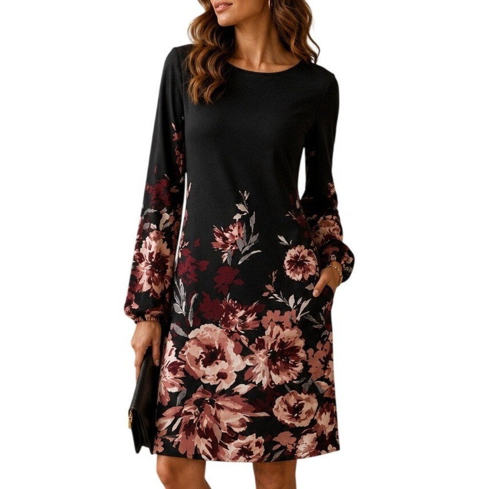 White House Black Market Floral Matte Jersey Bell Sleeve Sheath Dress XS Black